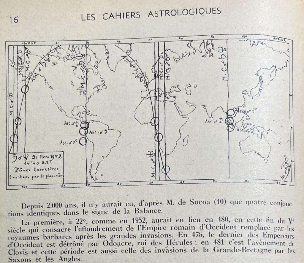Hand-drawn world map from Les Cahiers Astrologiques (1952) showing planetary lines marked as MC and Asc across global longitudes, illustrating regions influenced by a rare Venus-Sun conjunction.
