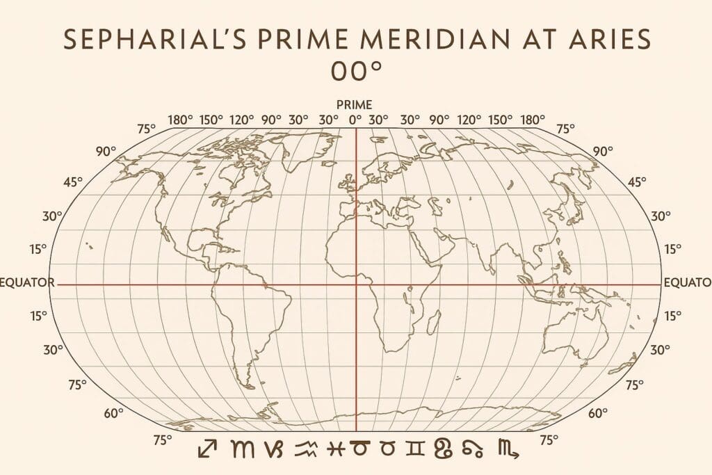Sepia-toned world map with zodiac glyphs aligned to longitudinal bands, showing 0° Aries Prime Meridian through Greenwich, based on Sepharial’s early geodetic model foundational to astrocartography.