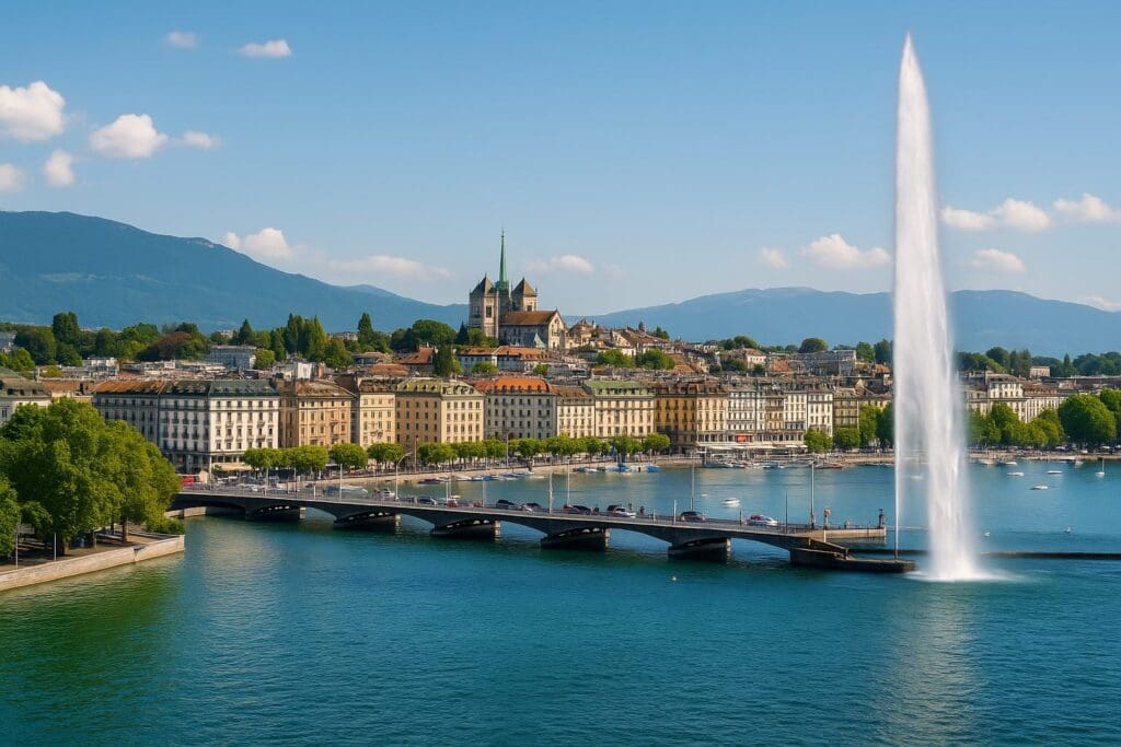 View of Lake Geneva with Mont Blanc and the Jet d’Eau fountain, illustrating one of AstroReloc’s consulting bases.