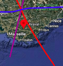 Map showing Mars and Pluto line crossings near Château Miraval in southeastern France