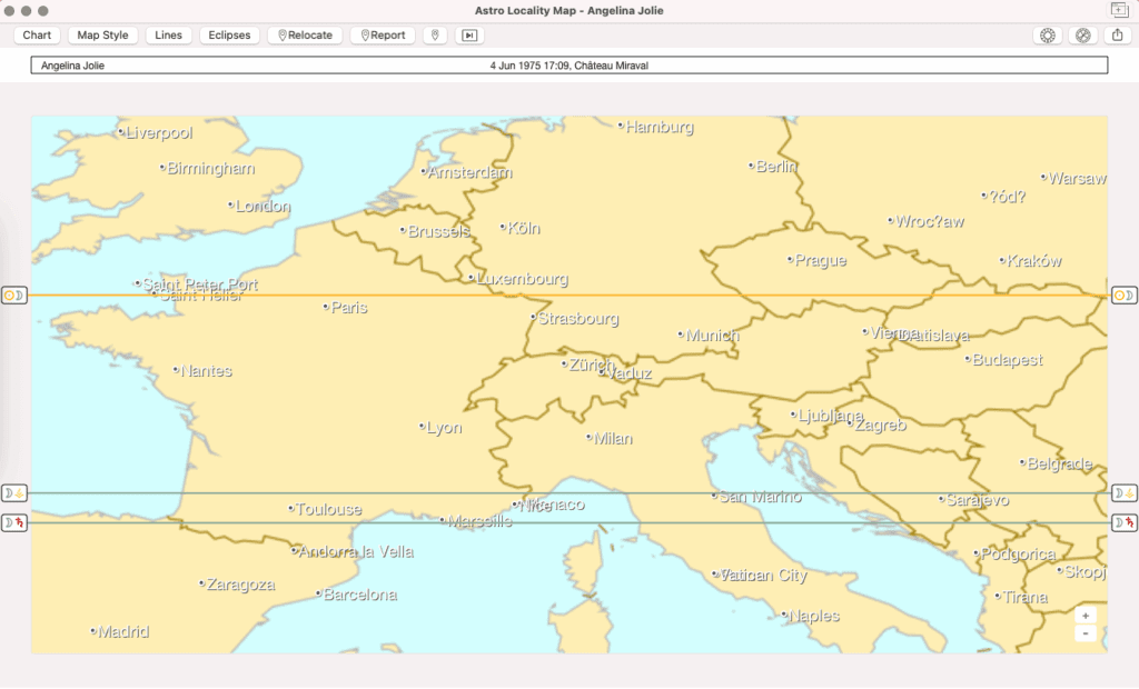 Astrocartography paran of Angelina Jolie’s Moon on the Descendant and Saturn on the Midheaven, in proximity to Château Miraval.