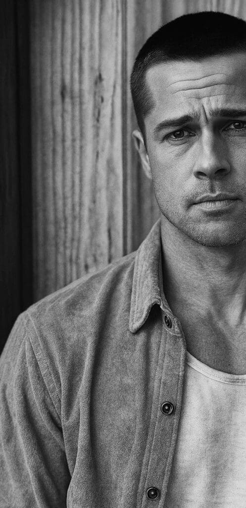 Brad Pitt portrait in black and white, used in astrocartography case study on Château Miraval