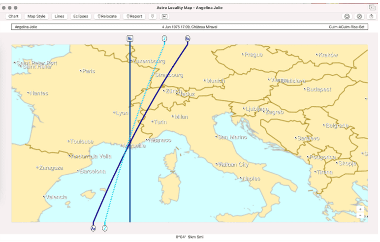 Astrocartography map of Angelina Jolie in southeastern France, showing planetary lines relevant to her relocation at Château Miraval.