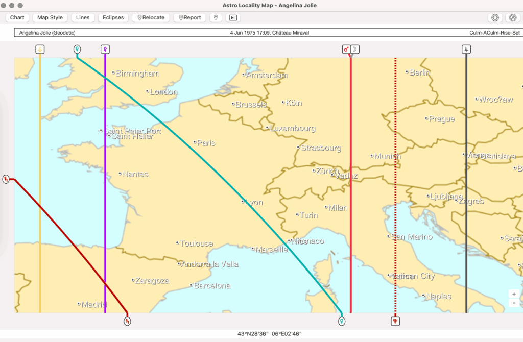 Geodetic astrocartography map showing Venus Ascendant line through southeastern France, intersecting the region of Château Miraval.