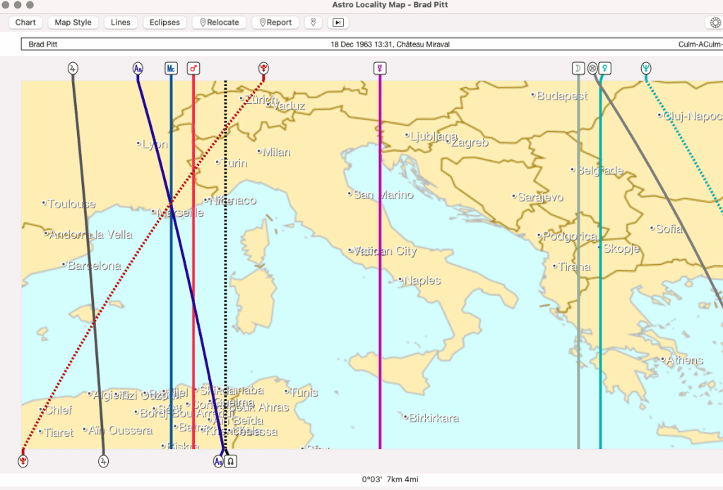 Astrocartography map showing Brad Pitt’s Mars and Pluto lines intersecting near Château Miraval in southeastern France.