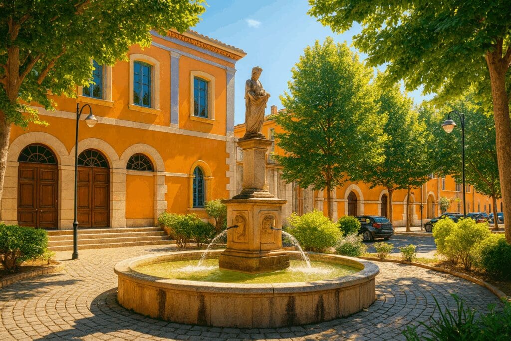 Fountain and square in Brignoles, the Provençal town nearest to Château Miraval in the Var region of southeastern France.