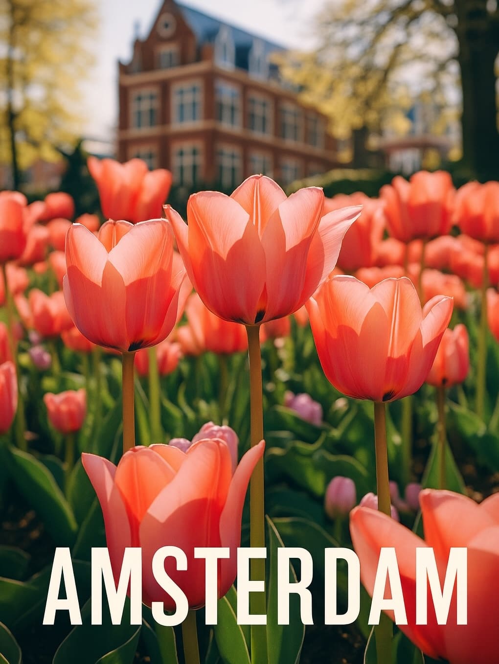 Tulips in spring with a historic Amsterdam building in the background, used as the cover image for the Faye Blake astrocartography interview.