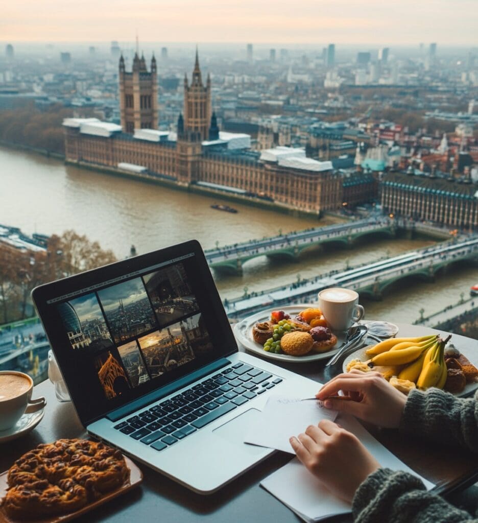 A view of the Palace of Westminster and Westminster Bridge in London, seen from a café window, illustrating London as a lived example of astrocartography in practice.