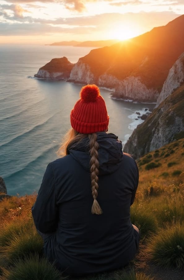 Figure seated on a coastal cliff at sunset overlooking the sea, symbolising reflection, lived experience, and the practical testing of astrocartographic principles through travel.