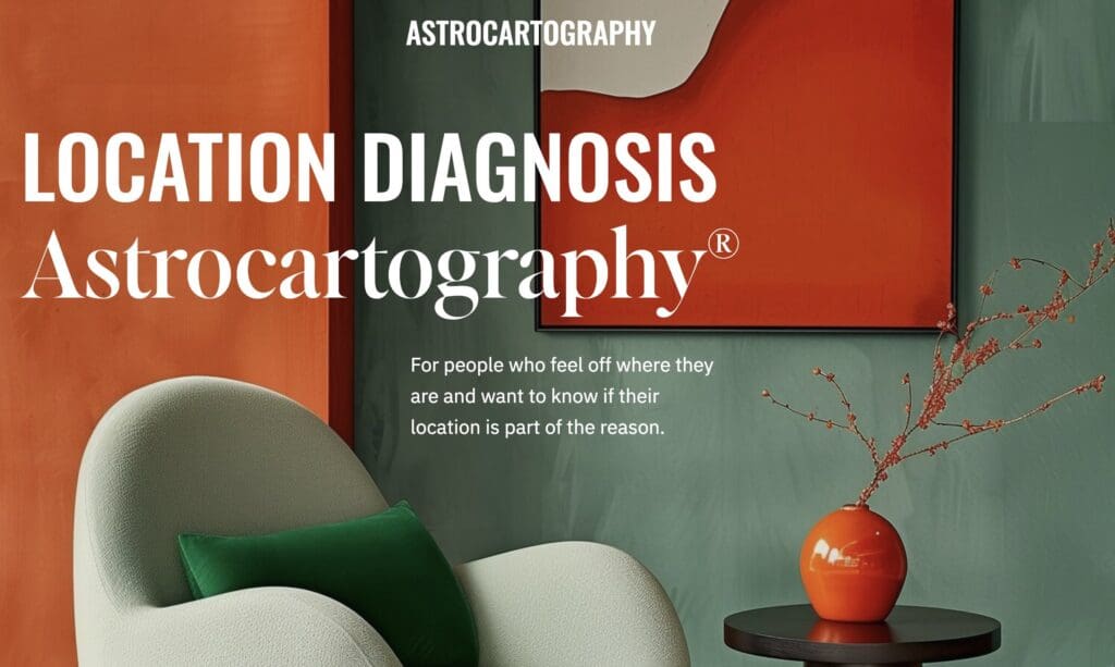 Service de diagnostic en astrocartographie® montrant la page de consultation pour analyser un lieu de vie ou de travail avec une astrocartographe certifiée.
