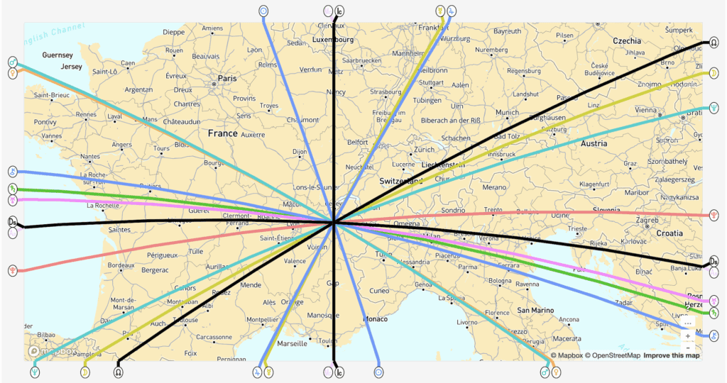 Carte Local Space en astrocartographie montrant les lignes directionnelles planétaires utilisées pour analyser l’orientation optimale d’un lieu de vie ou d’un espace professionnel.