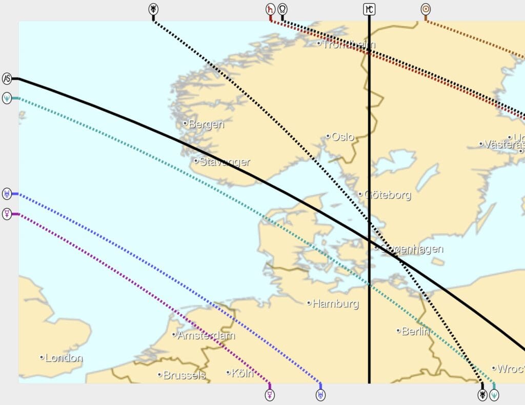 Astrocartography map of Denmark and Northern Europe showing Nynne Noël’s natal Neptune and Pluto lines intersecting the region, used to illustrate lived relational and psychological experiences in Denmark prior to map interpretation.