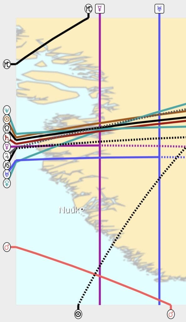 Astrocartography map of Nuuk, Greenland showing Nynne Noël’s natal Mercury line running through the west coast, illustrating lived experiences of communication, relational openness, and social engagement in Greenland.