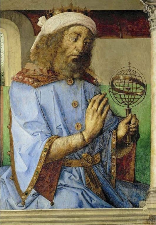 Renaissance painting of Claudius Ptolemy holding an armillary sphere, illustrating historical astronomical instruments used to model celestial coordinates, horizon geometry, and planetary motion relevant to astrology and astrocartography.