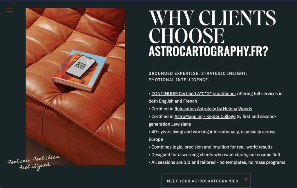 Présentation des qualifications et certifications d’un astrocartographe certifié en France et en Europe francophone sur le site astrocartography.fr.