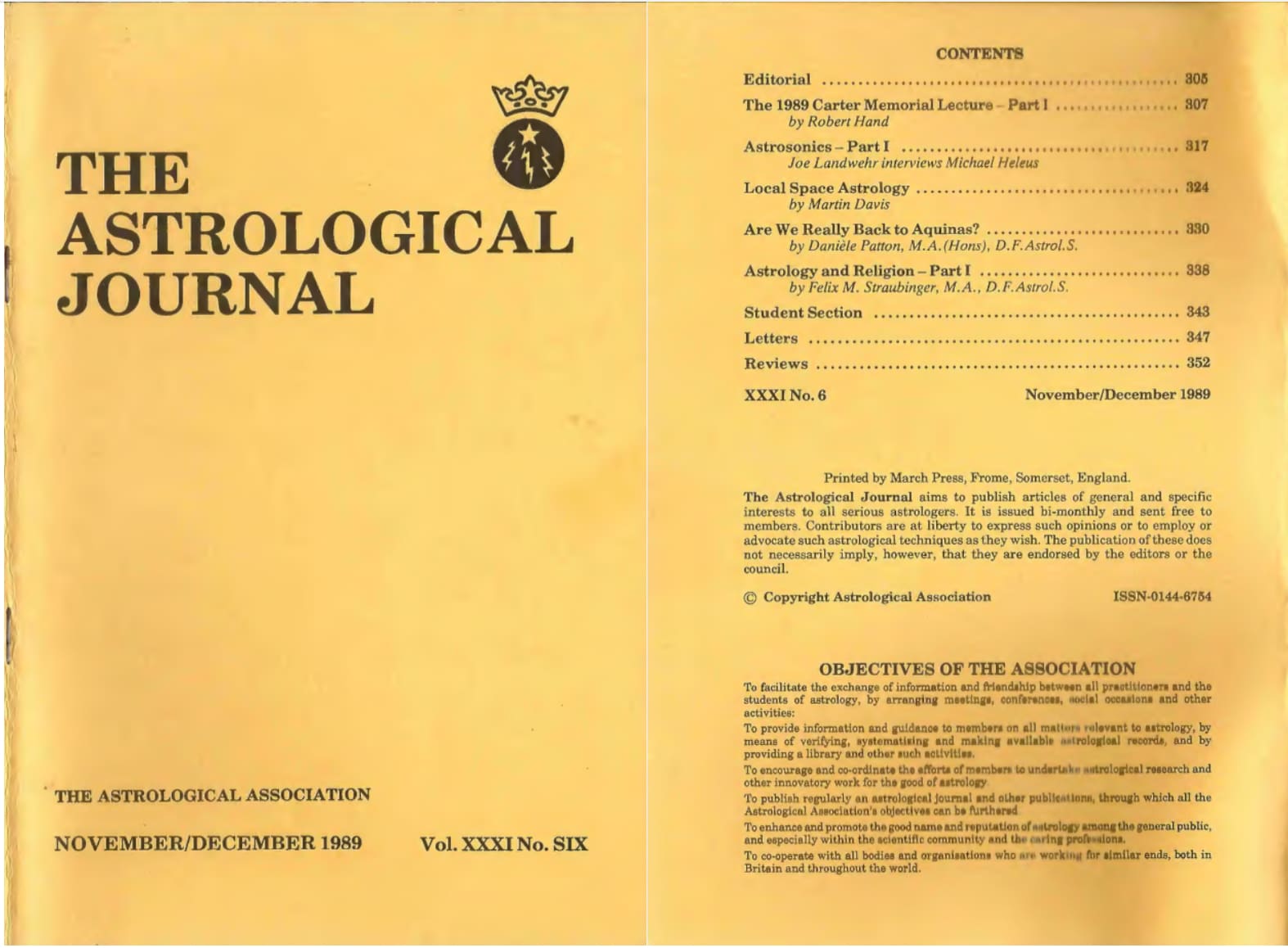 Front and contents pages of The Astrological Journal (November–December 1989), featuring Martin Davis’s article ‘Local Space Astrology,’ where he defines ‘bi-parans’ as crossings between Astro*Carto*Graphy and Local Space lines.