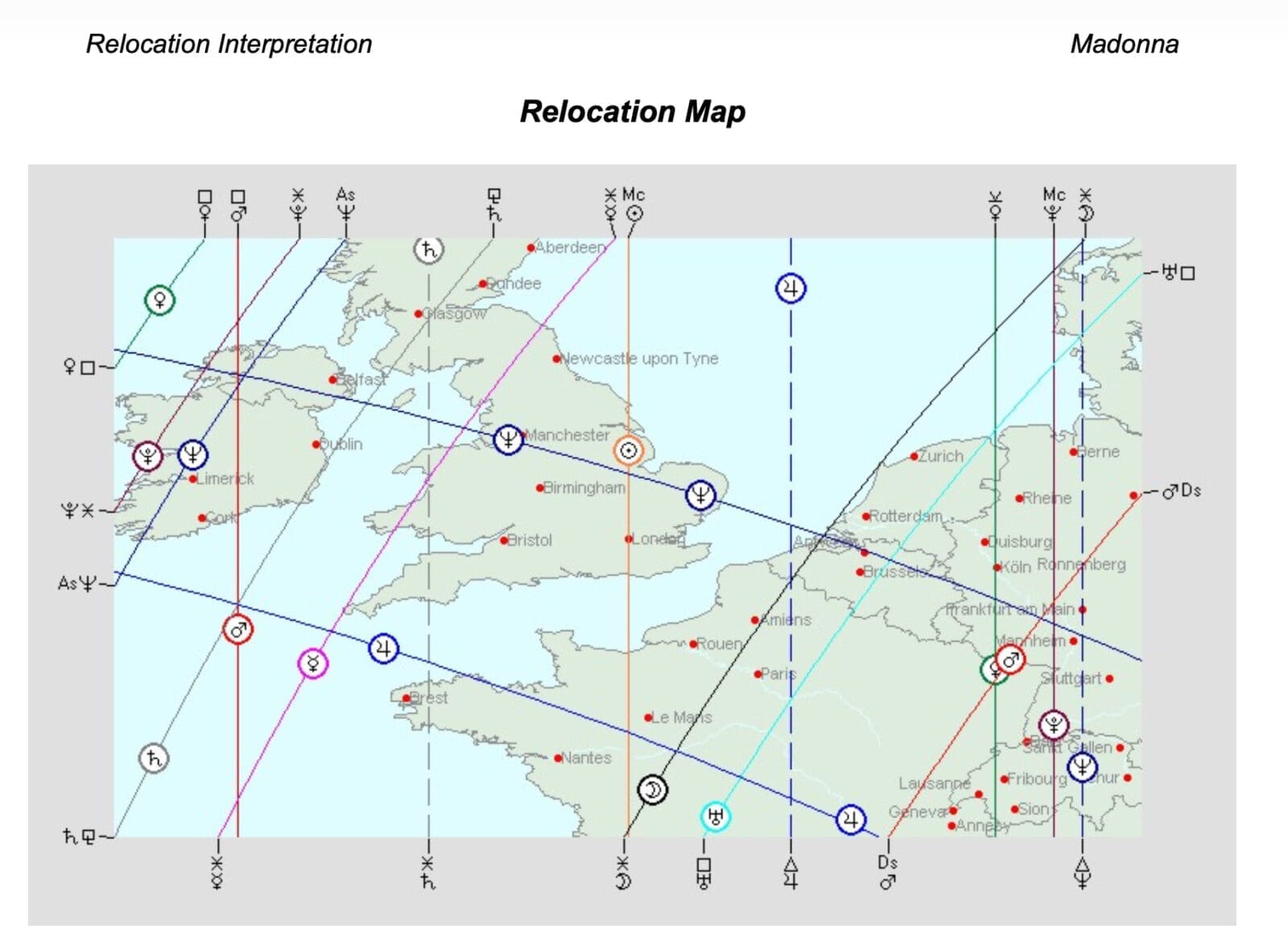 Example of early Matrix Software AstroCartoGraphy and relocation mapping system used by Martin Davis, showing Madonna’s relocation map over the United Kingdom and Europe with planetary angular lines and Local Space integrations.